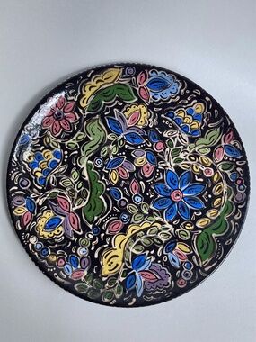 Hand Painted Black Floral Ceramic Serving Plate by Sophia, 1990